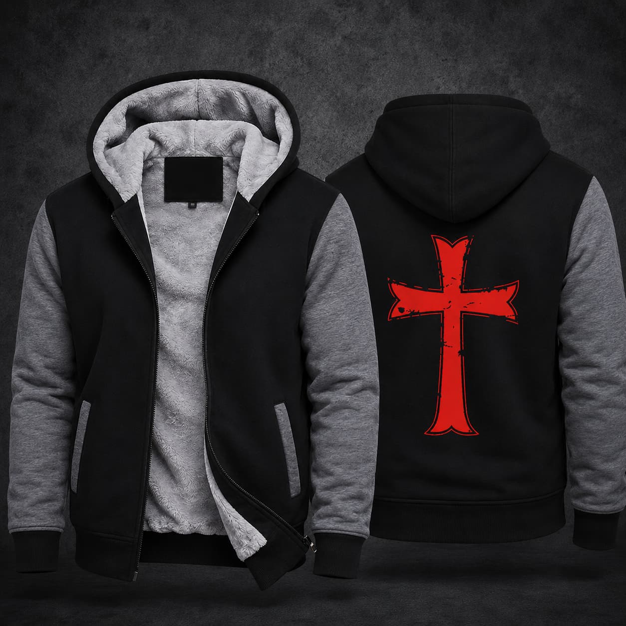 Variante noir et gris du Pull à Capuche Armure du Chevalier avec grande croix rouge au dos.