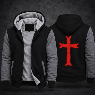 Variante noir et gris du Pull à Capuche Armure du Chevalier avec grande croix rouge au dos.