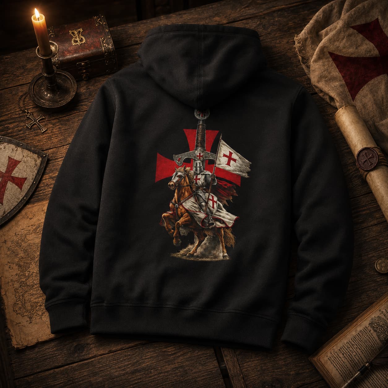 Pull à Capuche Fierté du Temple noir présenté de dos dans une ambiance médiévale avec motif chevalier templier.