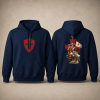 Pull à Capuche Fierté du Temple bleu marine avec blason templier sur la poitrine et chevalier au dos.