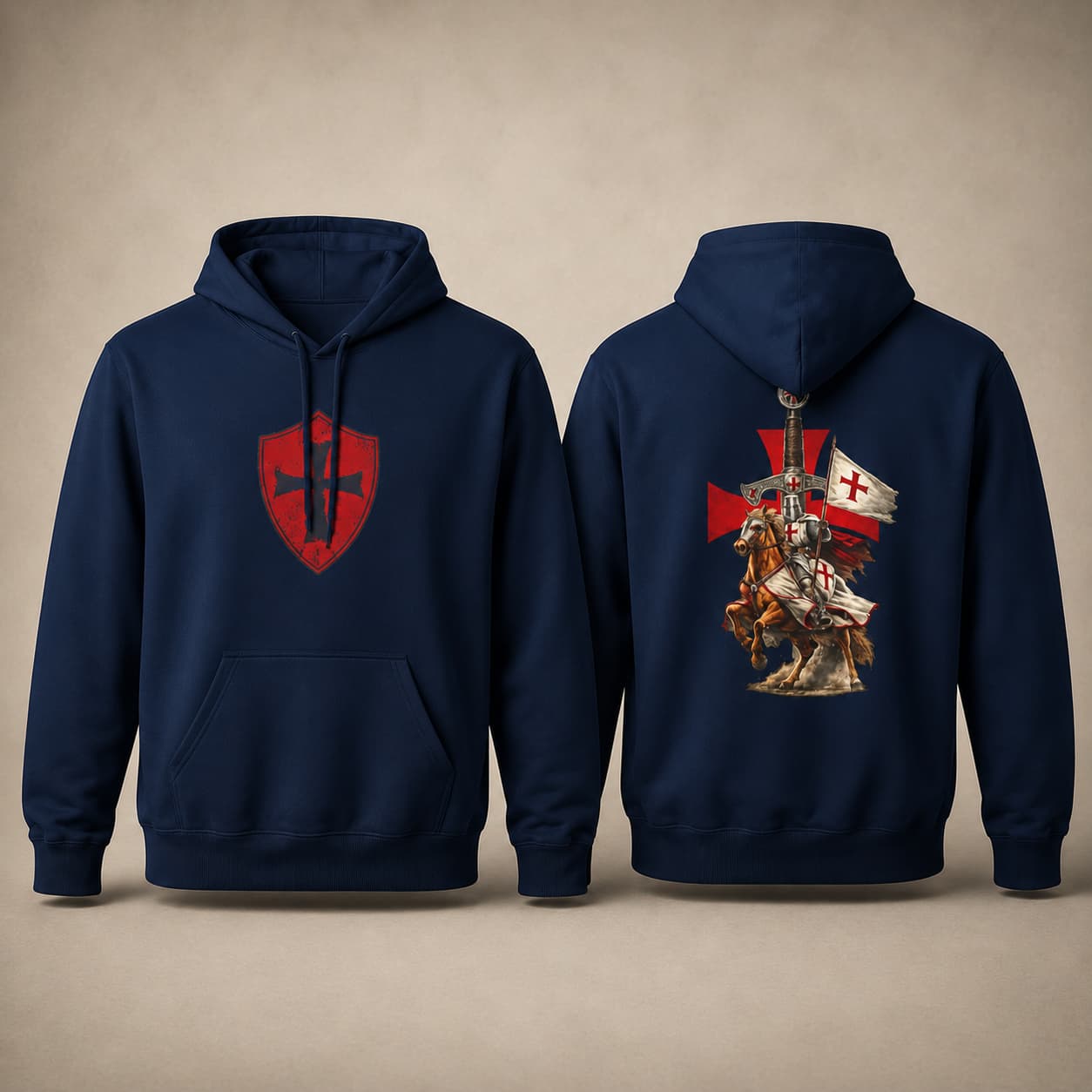 Pull à Capuche Fierté du Temple bleu marine avec blason templier sur la poitrine et chevalier au dos.