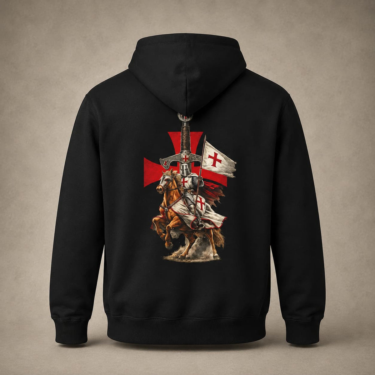 Dos du Pull à Capuche Fierté du Temple noir avec chevalier templier à cheval et croix rouge.