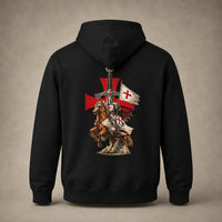 Dos du Pull à Capuche Fierté du Temple noir avec chevalier templier à cheval et croix rouge.