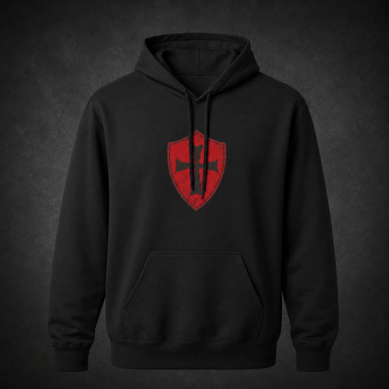 Pull à Capuche Fierté du Temple noir avec blason rouge templier imprimé sur la poitrine.