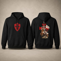 Pull à Capuche Fierté du Temple noir en coton et polyester avec blason rouge sur la poitrine et chevalier templier au dos.