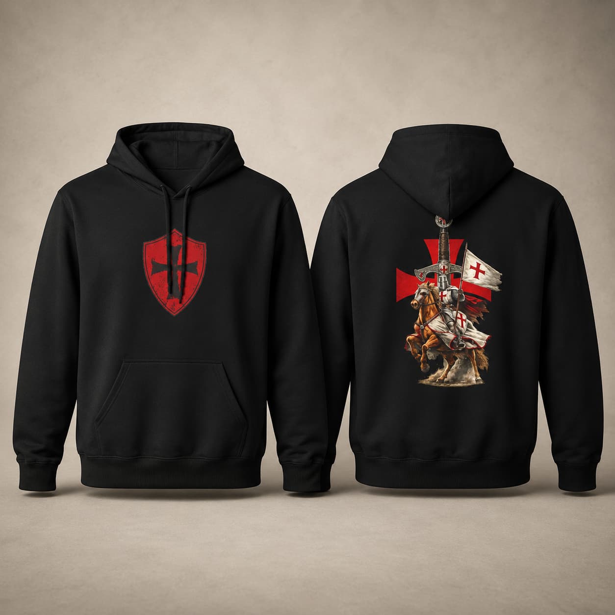 Pull à Capuche Fierté du Temple noir en coton et polyester avec blason rouge sur la poitrine et chevalier templier au dos.