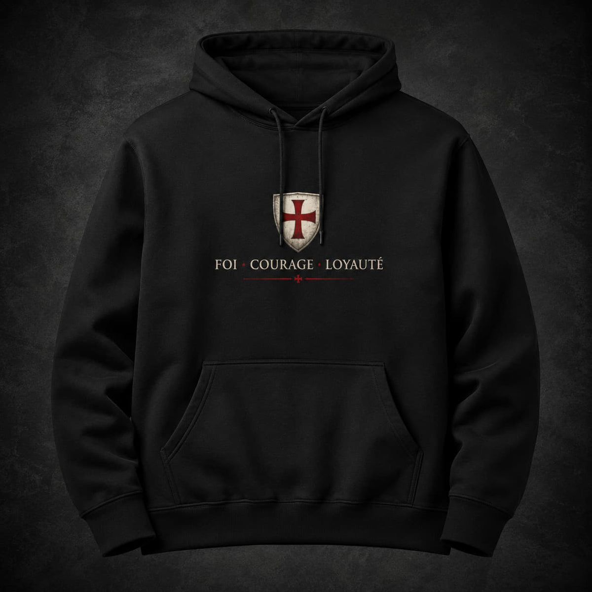 Pull à Capuche Serment du Templier noir en coton et polyester avec motif Foi Courage Loyauté sur la poitrine.