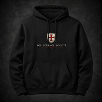 Pull à Capuche Serment du Templier noir en coton et polyester avec motif Foi Courage Loyauté sur la poitrine.