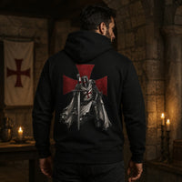 Pull à Capuche Serment du Templier noir en coton et polyester porté de dos par un homme, avec motif chevalier templier et croix rouge.