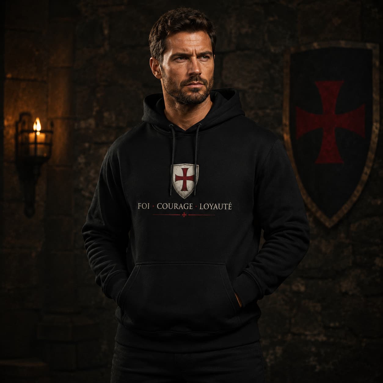 Pull à Capuche Serment du Templier porté par un homme dans une ambiance médiévale sombre.