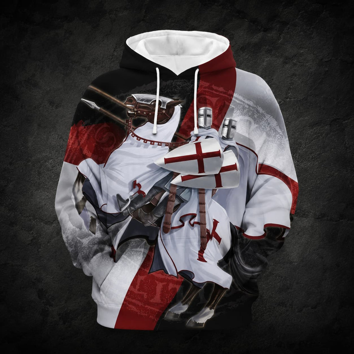Pull à capuche Charge des Templiers en acétate avec motif croisé rouge et blanc