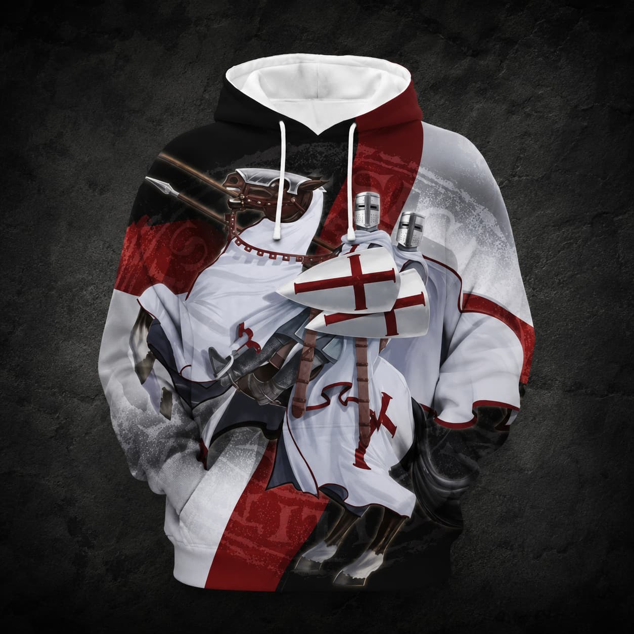 Pull à capuche Charge des Templiers en acétate avec motif croisé rouge et blanc