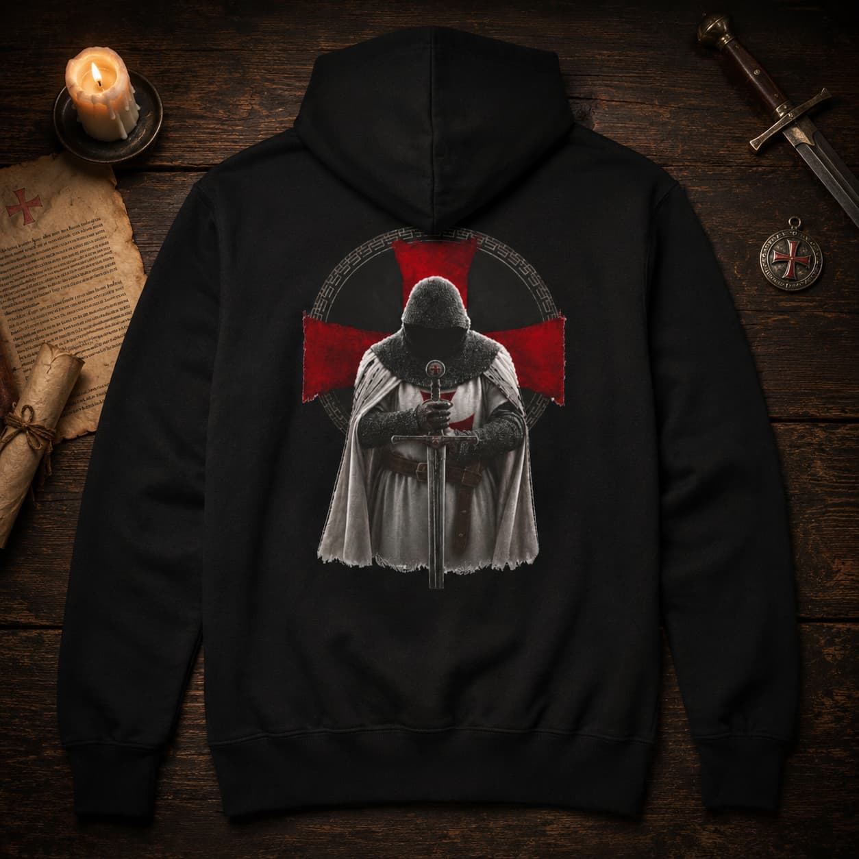 Pull à capuche Gardien du Serment noir présenté de dos dans une ambiance médiévale avec accessoires templiers.