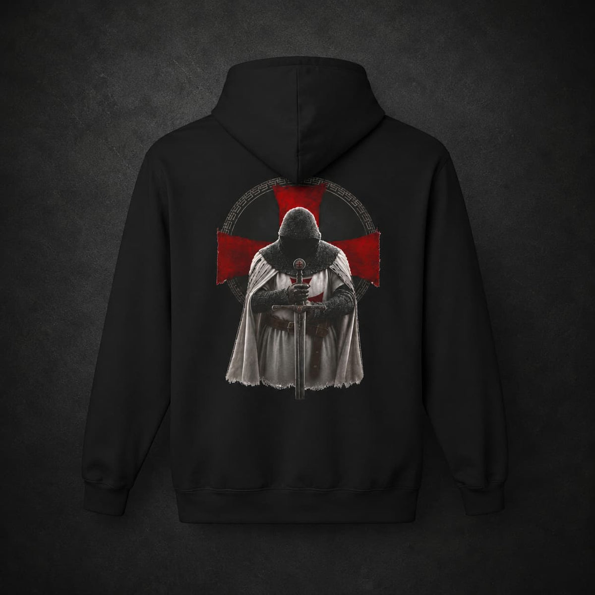 Pull à capuche Gardien du Serment en coton et polyester noir avec grand motif de chevalier templier au dos.