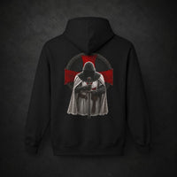Pull à capuche Gardien du Serment en coton et polyester noir avec grand motif de chevalier templier au dos.