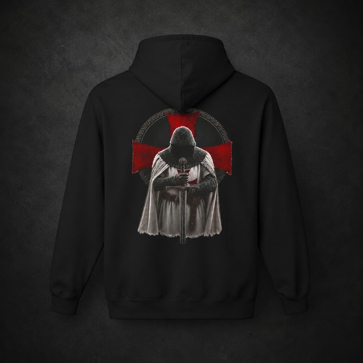 Pull à capuche Gardien du Serment en coton et polyester noir avec grand motif de chevalier templier au dos.