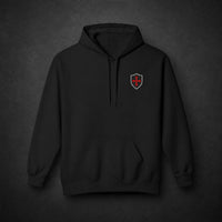 Pull à capuche Gardien du Serment noir avec petit écusson templier sur la poitrine.