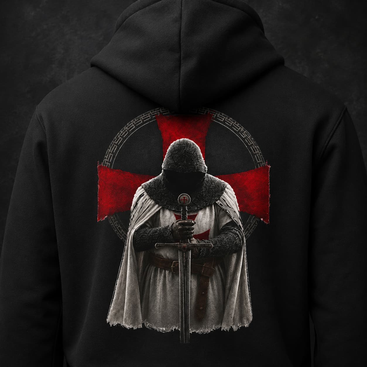 Gros plan du motif chevalier templier au dos du pull à capuche Gardien du Serment noir.