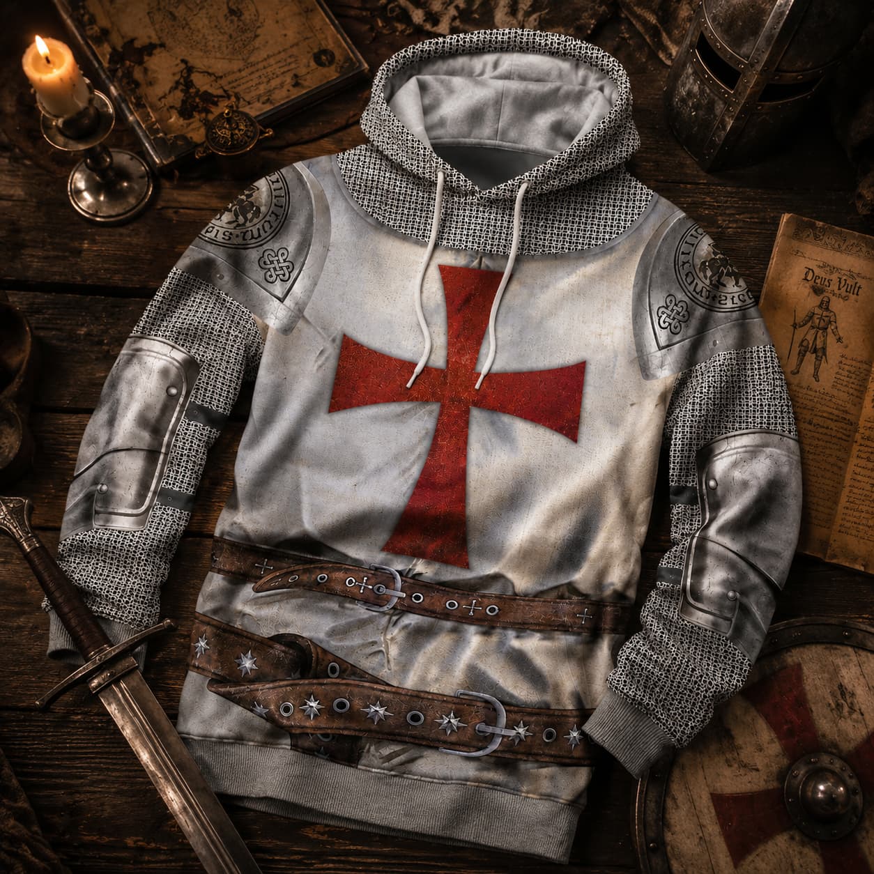 Pull à Capuche du Seigneur Templier présenté dans une ambiance médiévale avec bois ancien, bougie, parchemin et épée