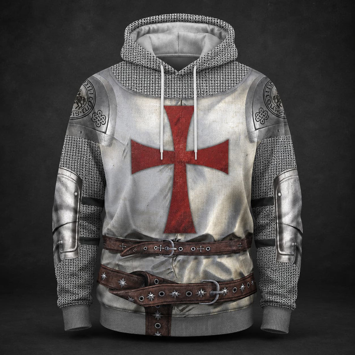 Pull à Capuche du Seigneur Templier avec armure médiévale, cotte de mailles et grande croix rouge sur fond anthracite