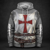 Pull à Capuche du Seigneur Templier avec armure médiévale, cotte de mailles et grande croix rouge sur fond anthracite