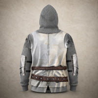 Vue de dos du Pull à Capuche du Seigneur Templier avec armure croisée, capuche cotte de mailles et ceinture médiévale