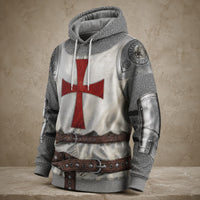 Pull à Capuche du Seigneur Templier en vue angle 3/4 avec motif armure de croisé et croix templière rouge