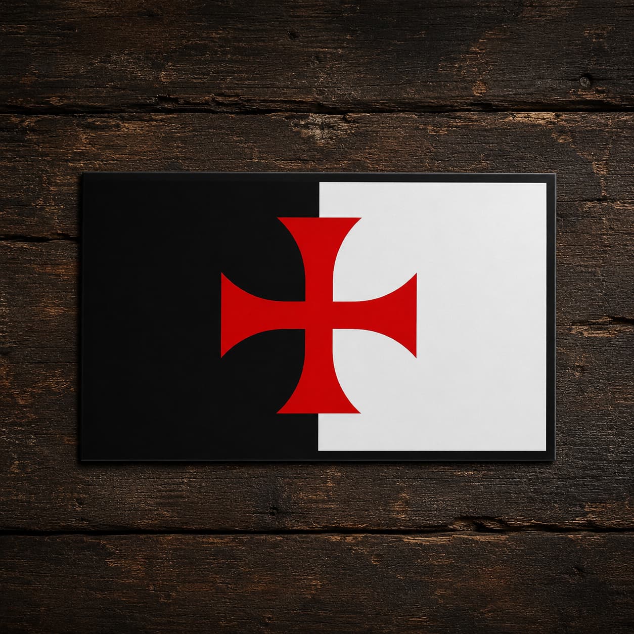 Sticker Bannière du Temple en vinyle avec croix rouge sur fond de bois ancien sombre.