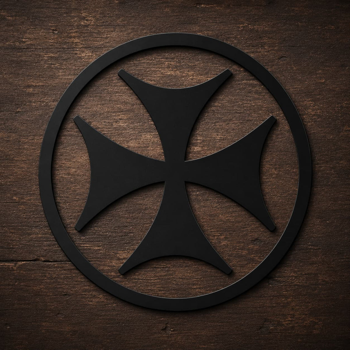 Sticker Croix de Malte en vinyle noir sur fond en bois ancien sombre.