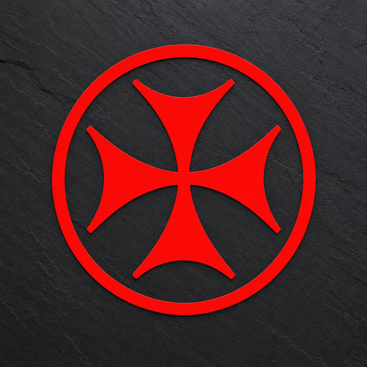 Sticker Croix de Malte en vinyle rouge sur fond ardoise sombre.