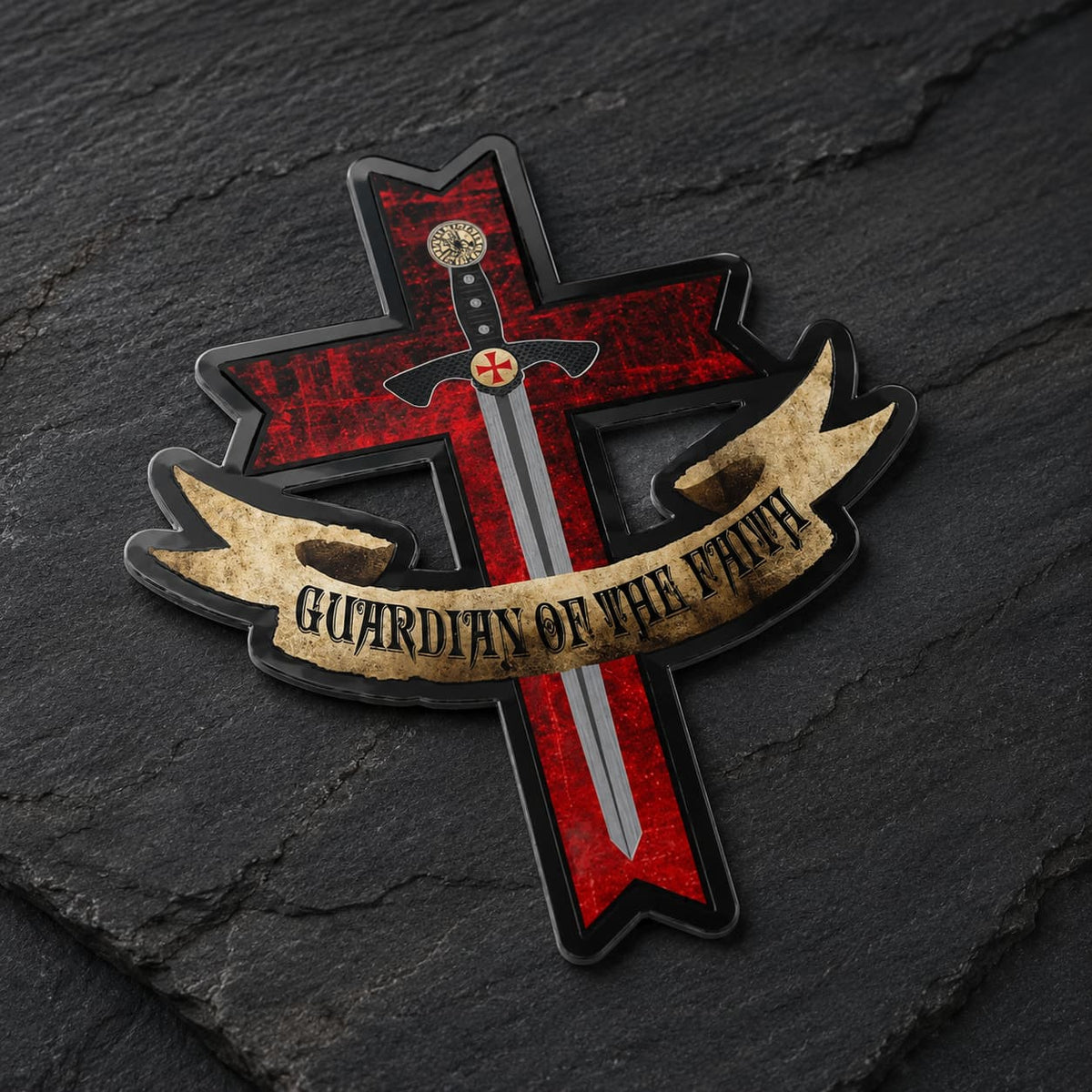Sticker du Gardien de la Foi en vinyle adhésif avec croix rouge, épée et bannière sur fond de pierre sombre.