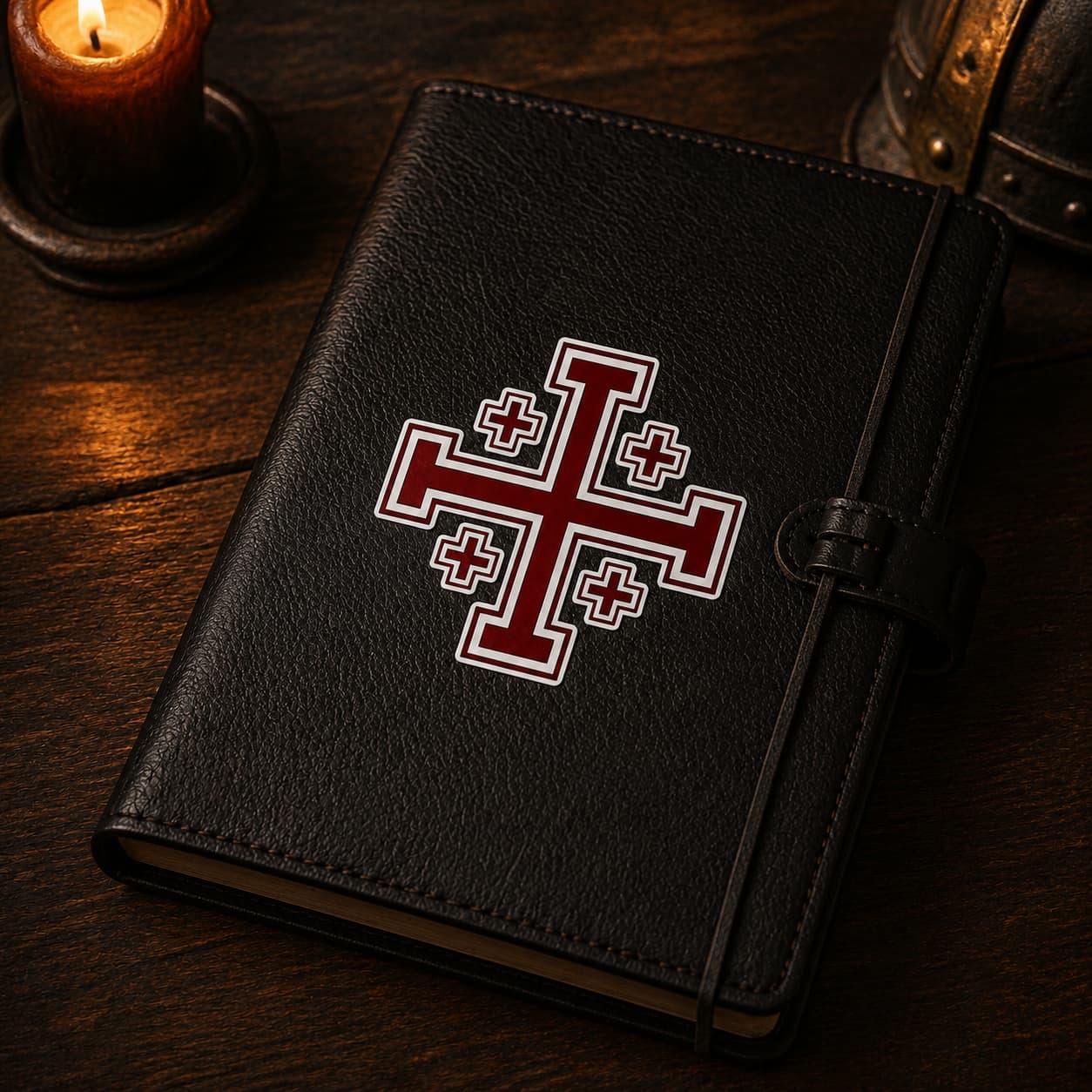 Sticker de l’Ordre de Saint Sépulcre en vinyle adhésif appliqué sur un carnet en cuir noir dans une ambiance médiévale sombre.