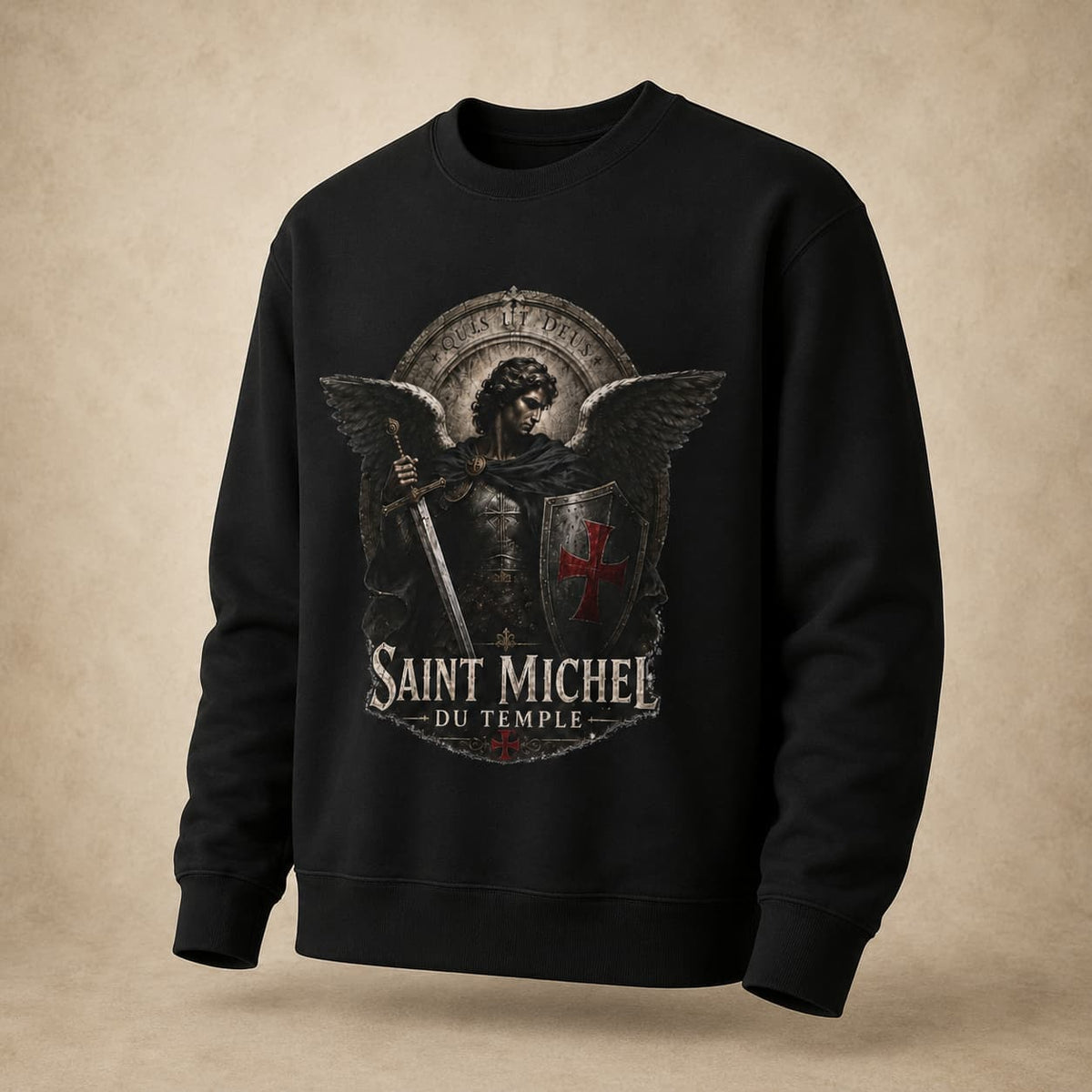 Sweat Saint Michel du Temple noir vue de trois quarts en 80 % coton et 20 % polyester