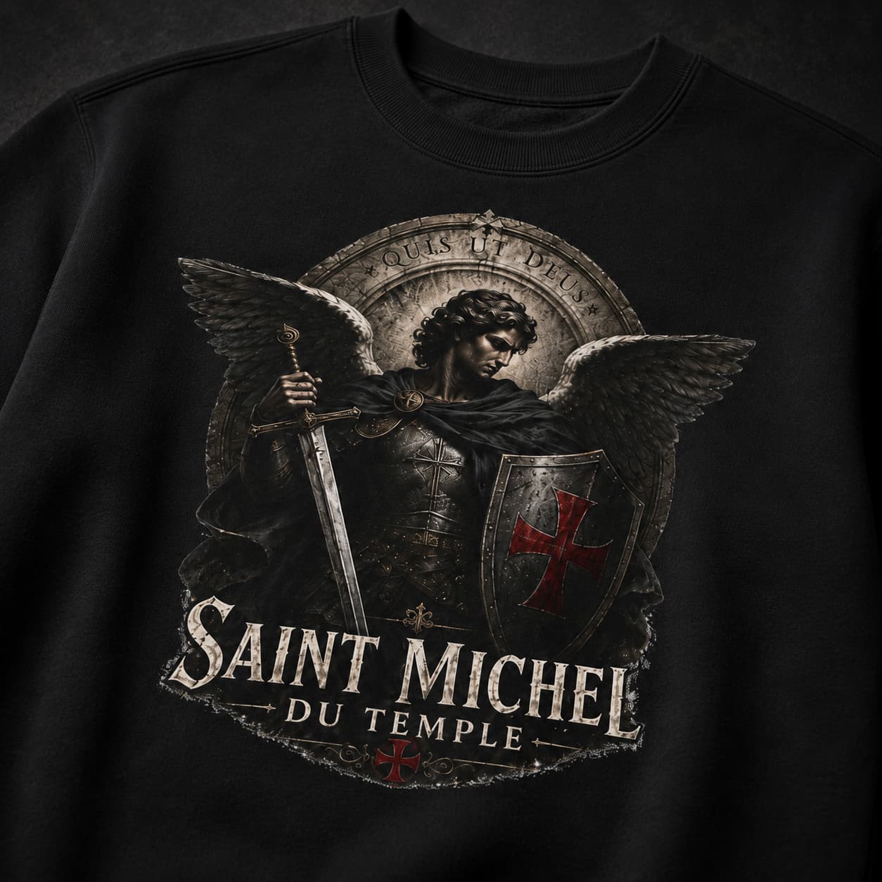 Gros plan du motif Saint Michel du Temple sur sweat noir en 80 % coton et 20 % polyester