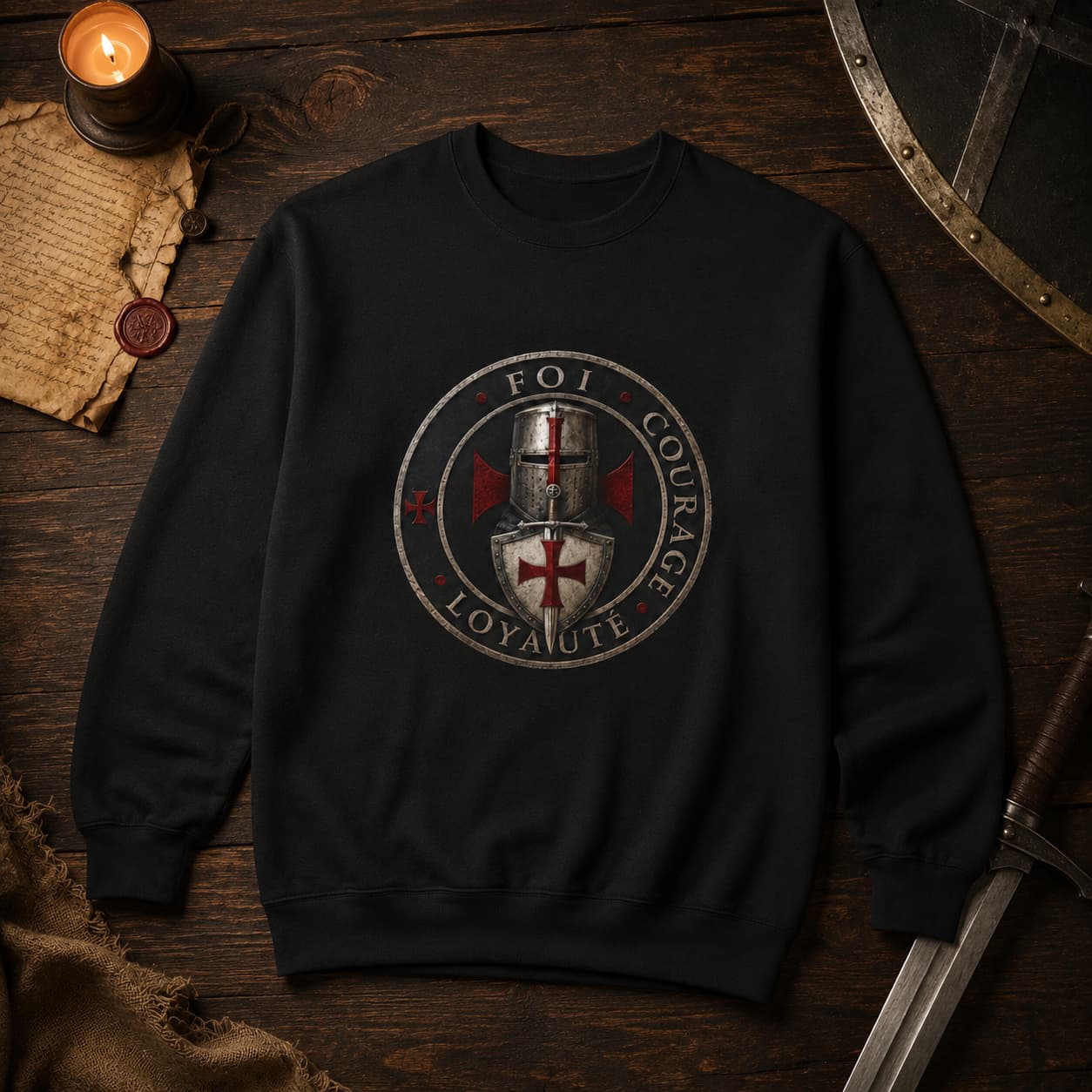 Sweat Sceau du Chevalier noir présenté dans une ambiance médiévale avec accessoires templiers
