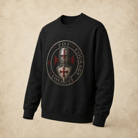 Sweat noir Sceau du Chevalier avec motif croix templière et heaume médiéval en vue angle