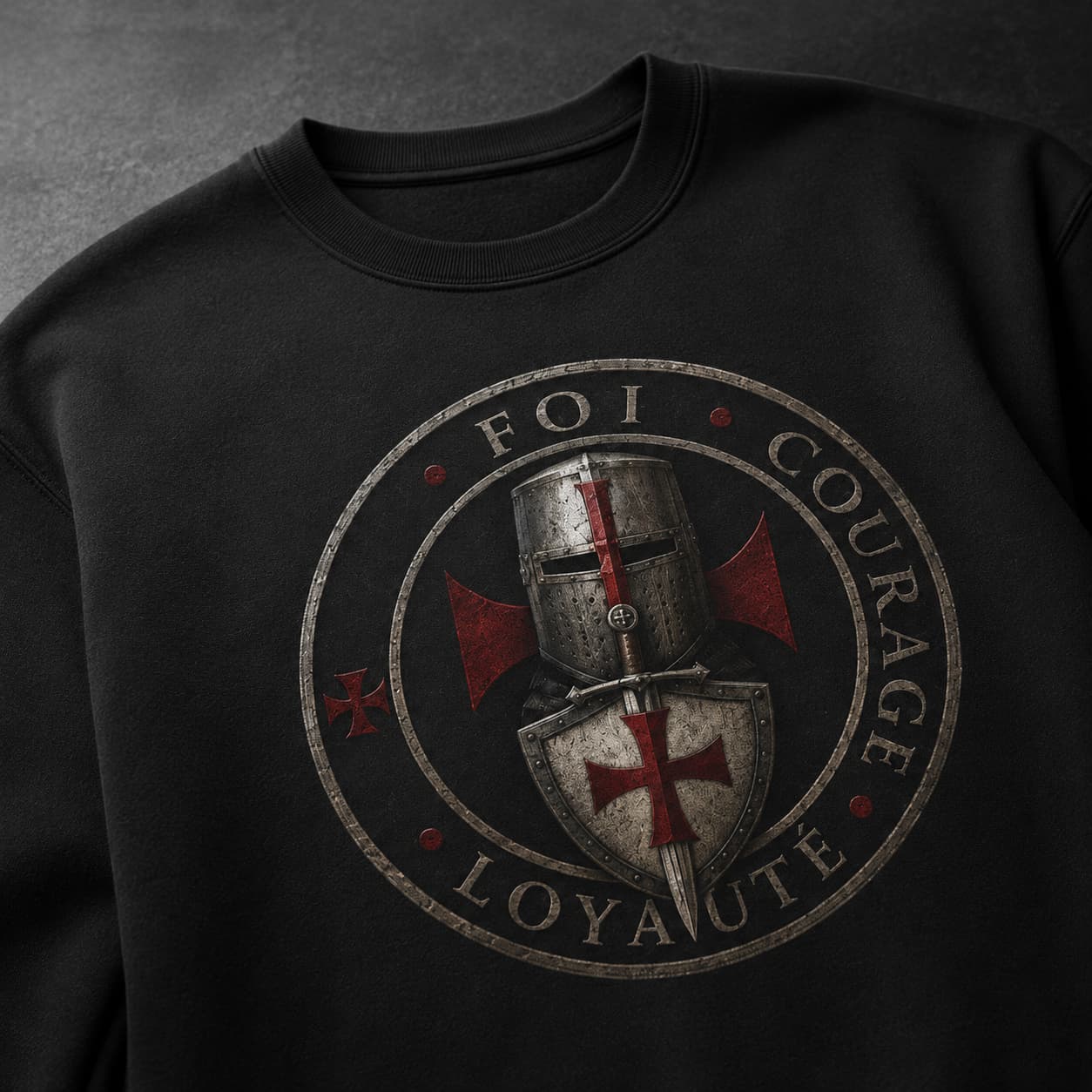 Zoom du motif Sceau du Chevalier avec heaume, croix templière rouge et inscription foi courage loyauté