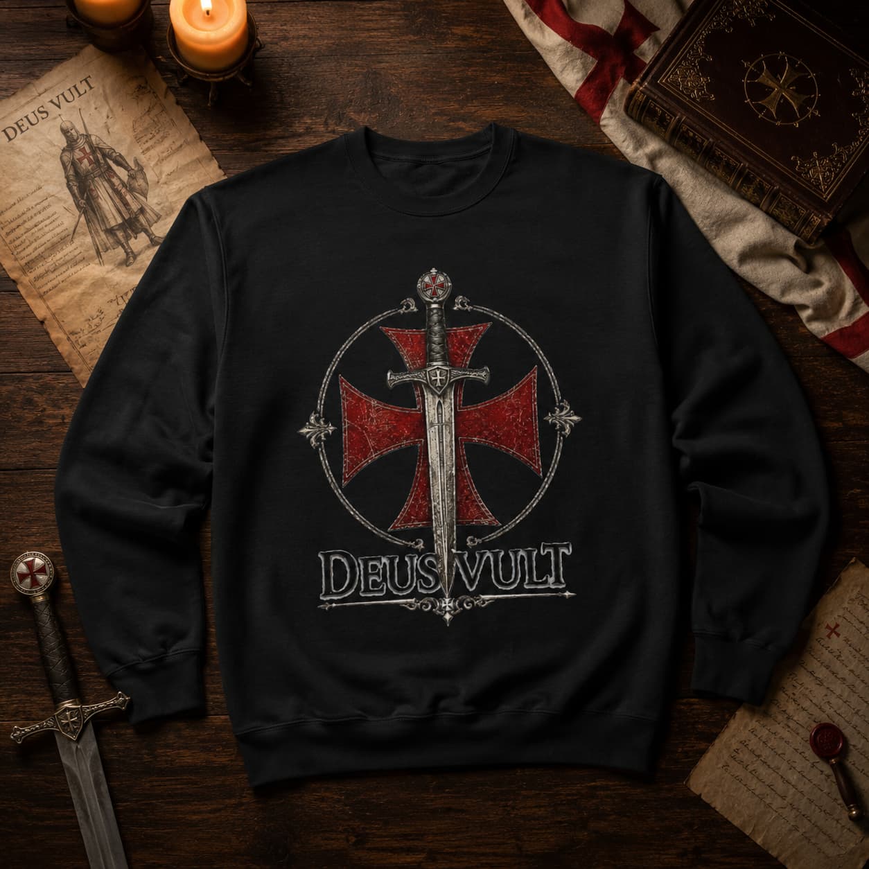Sweat Templier Deus Vult présenté en ambiance médiévale avec croix et parchemins