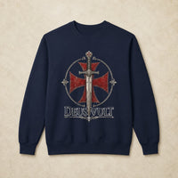 Sweat Templier Deus Vult bleu marine avec croix templière rouge et épée