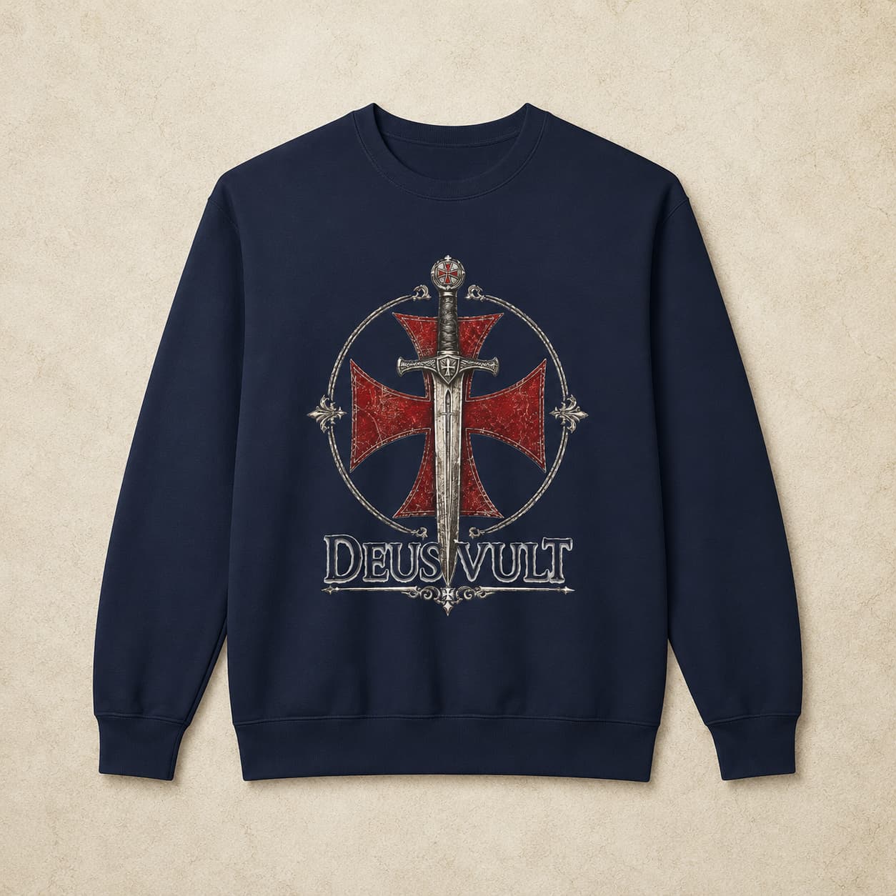 Sweat Templier Deus Vult bleu marine avec croix templière rouge et épée
