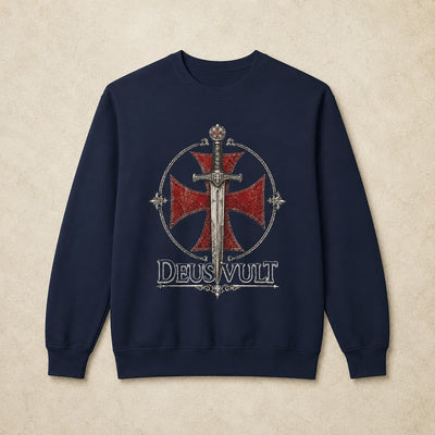 Sweat Templier Deus Vult bleu marine avec croix templière rouge et épée
