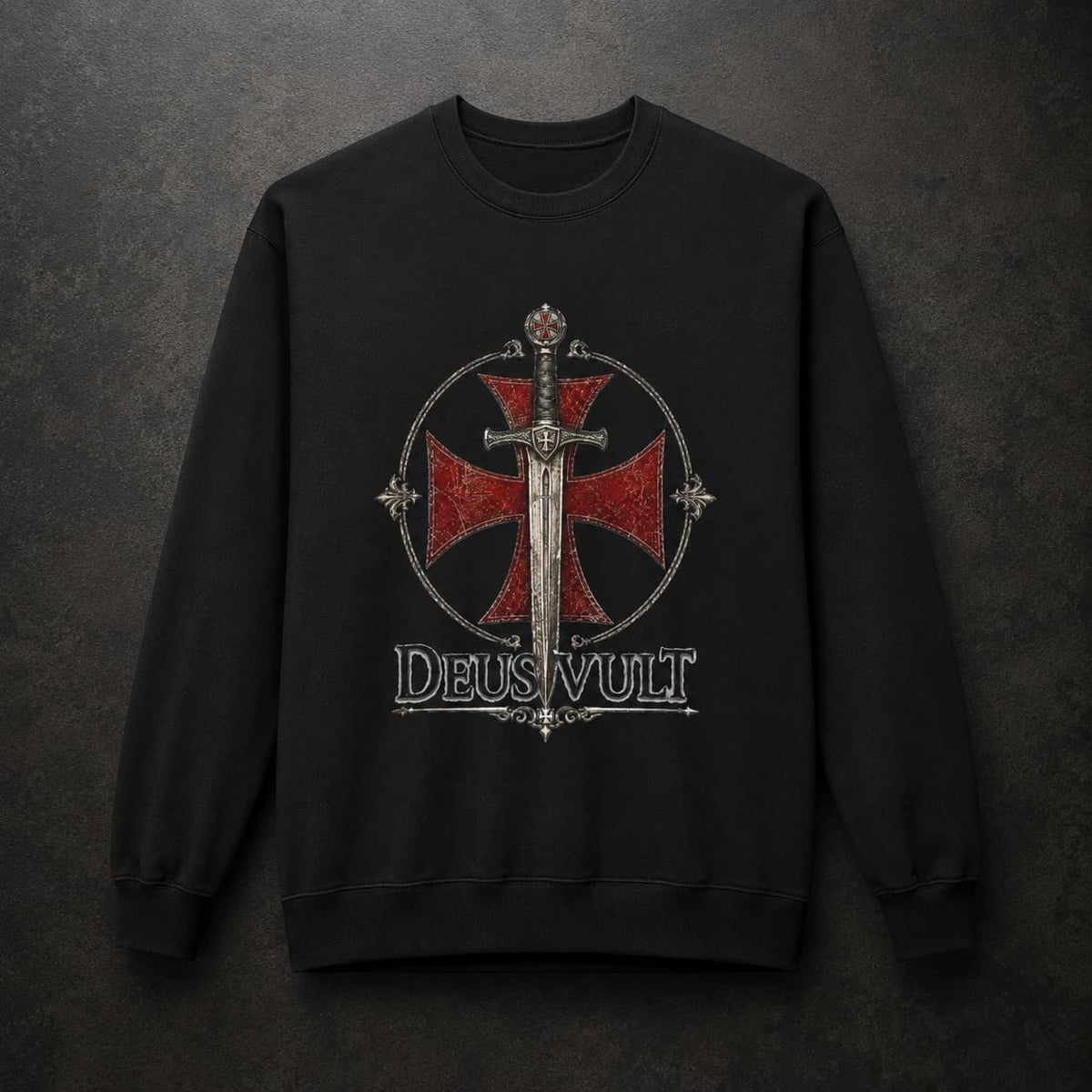 Sweat Templier Deus Vult noir avec croix templière rouge et épée médiévale