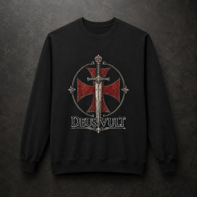 Sweat Templier Deus Vult noir avec croix templière rouge et épée médiévale
