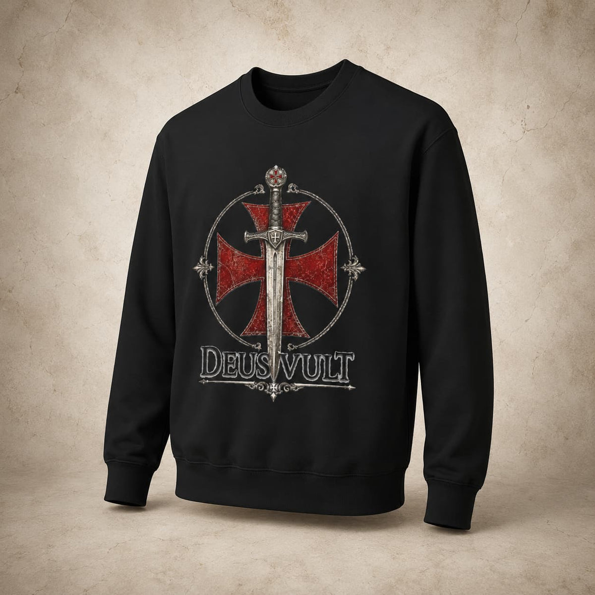 Sweat Deus Vult noir 80% coton et 20% polyester avec motif croix et épée