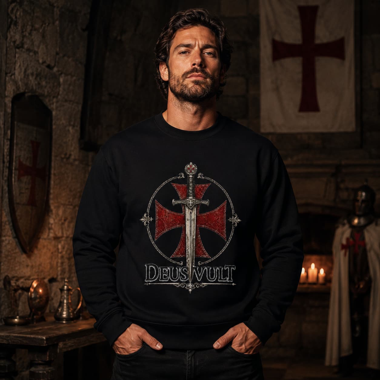 Homme portant un sweat Templier Deus Vult noir avec croix rouge et épée