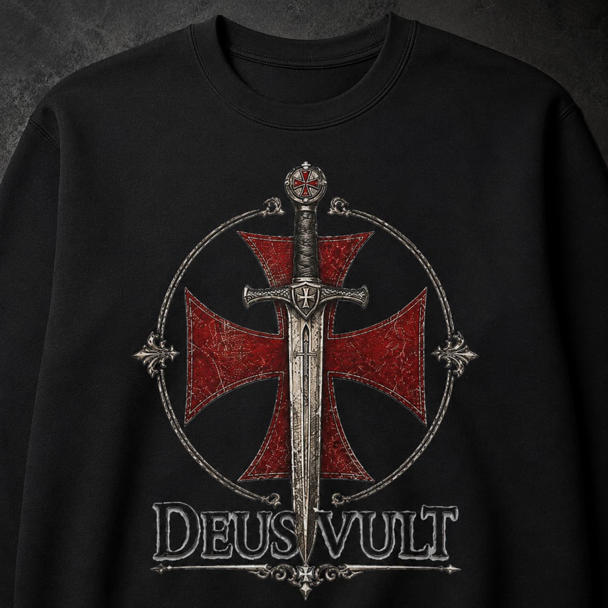 Gros plan du motif Deus Vult avec croix templière rouge et épée sur sweat noir