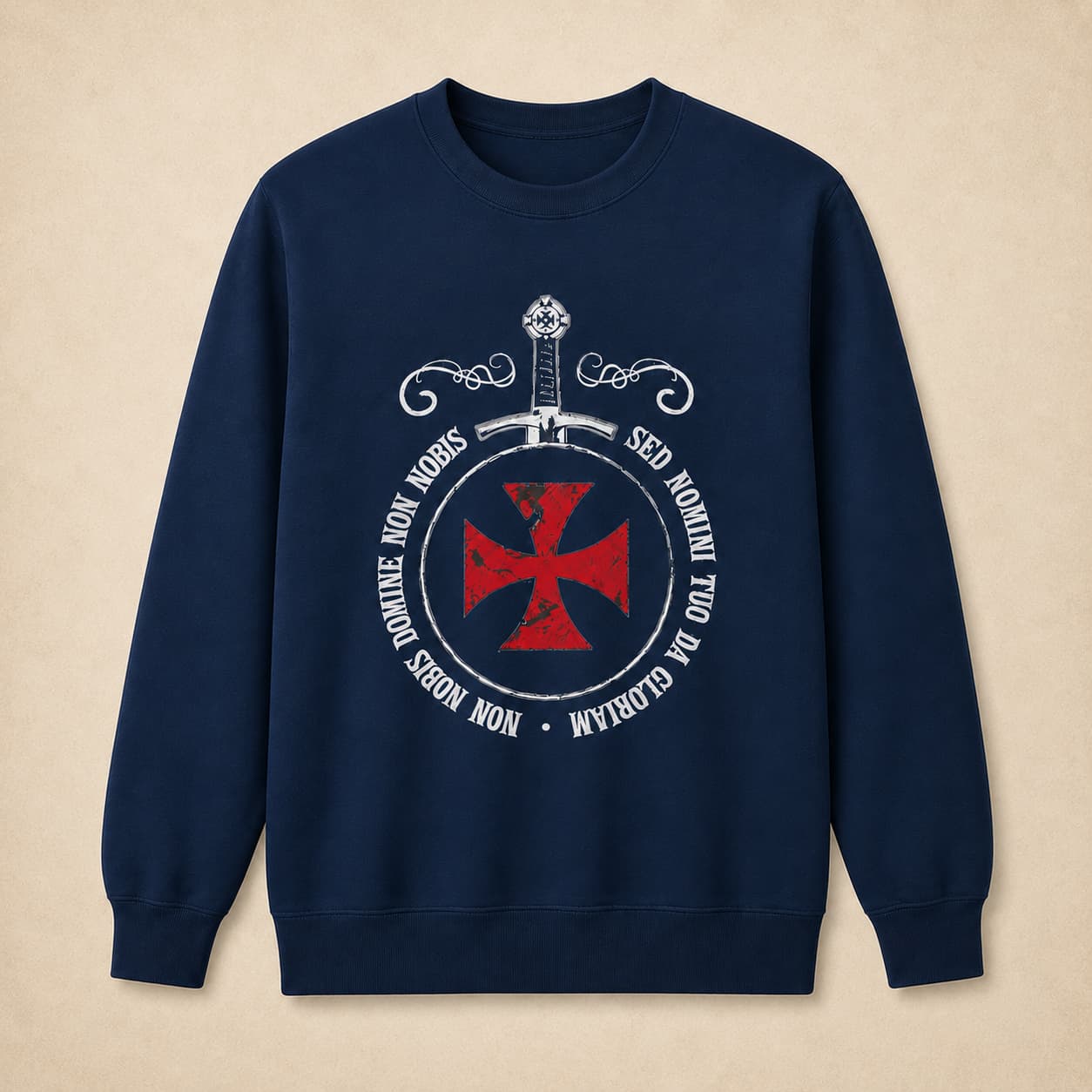 Sweat Templier Non Nobis Domine bleu marine avec grande croix templière rouge et motif épée