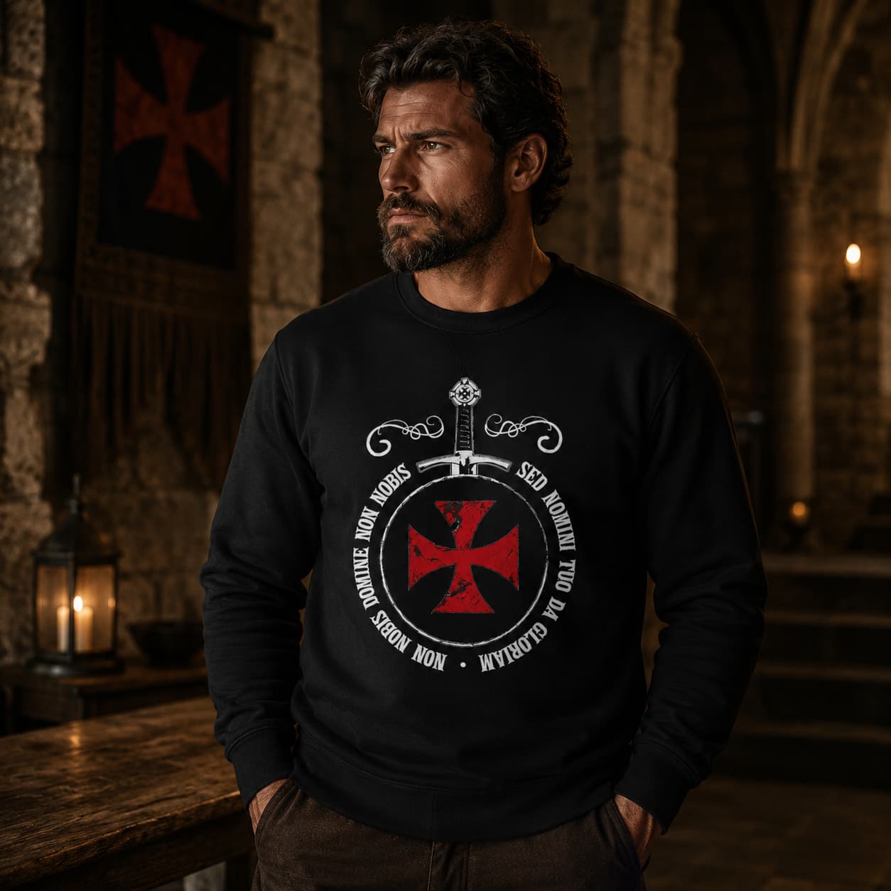 Homme portant le sweat Templier Non Nobis Domine noir avec croix rouge dans un décor médiéval