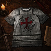 T-Shirt Armure du Croisé en polyester et spandex présenté dans une ambiance médiévale sur bois ancien.