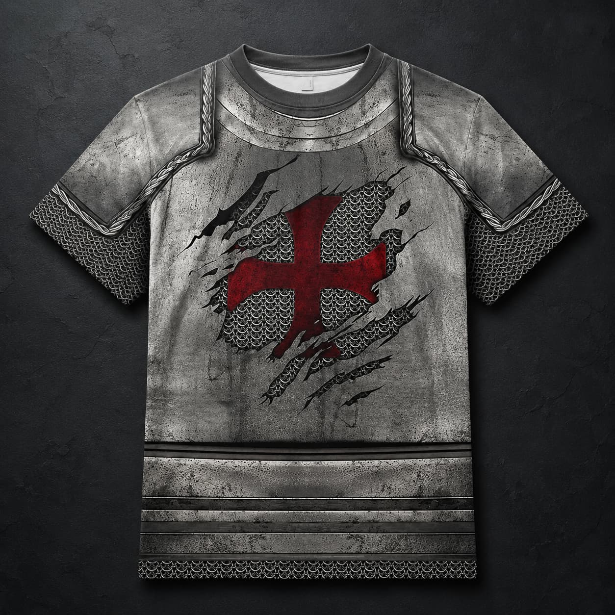 T-Shirt Armure du Croisé en polyester et spandex avec effet armure médiévale et croix rouge sur fond ardoise sombre.